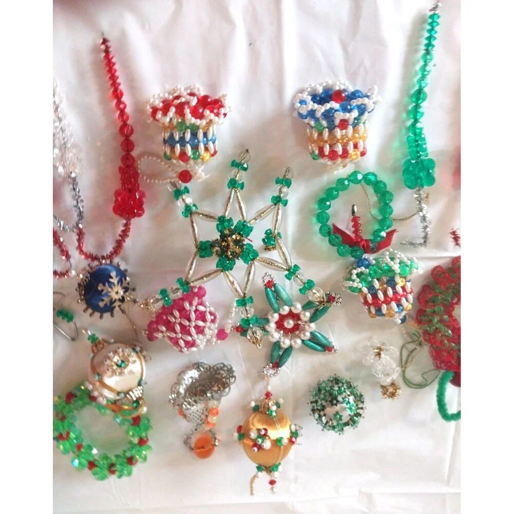 21 Lot Christmas Beaded Ornaments Bells Candle Wreath Icicle Candy Cane Push Pin